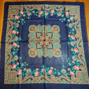 Floral‎ Paisley Scarf Shawl Navy Blue Pink Roses Square Fringed Womens